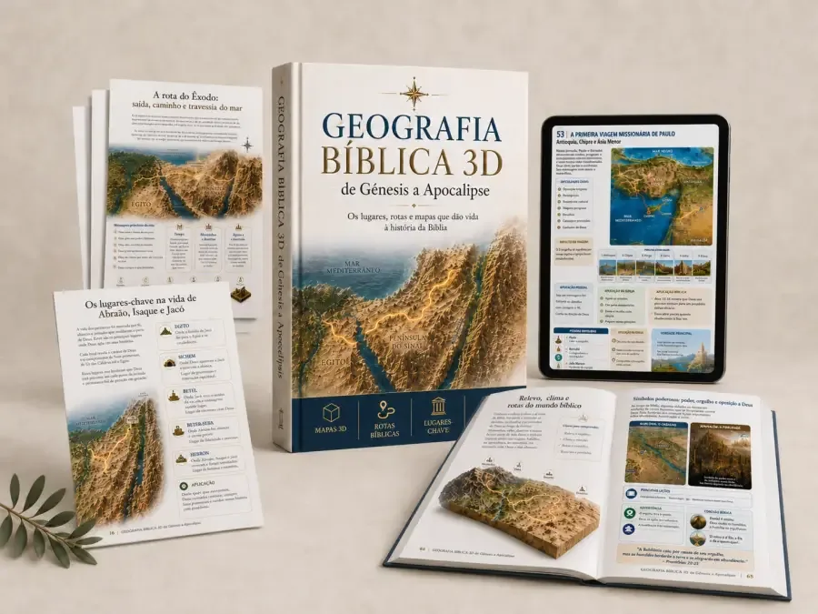 Os volumes do guia Geografia Bíblica 3D abertos em tablet e celular